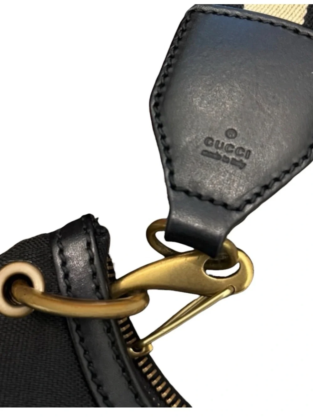 Auth Gucci Black Half Moon Crescent Hobo Bag canvas web Stripe shoulder Strap
